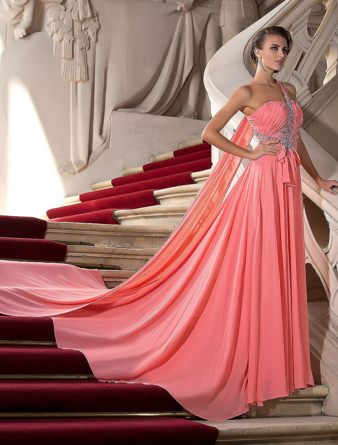 Full view of the A-line one-shoulder chiffon dress with a court train.