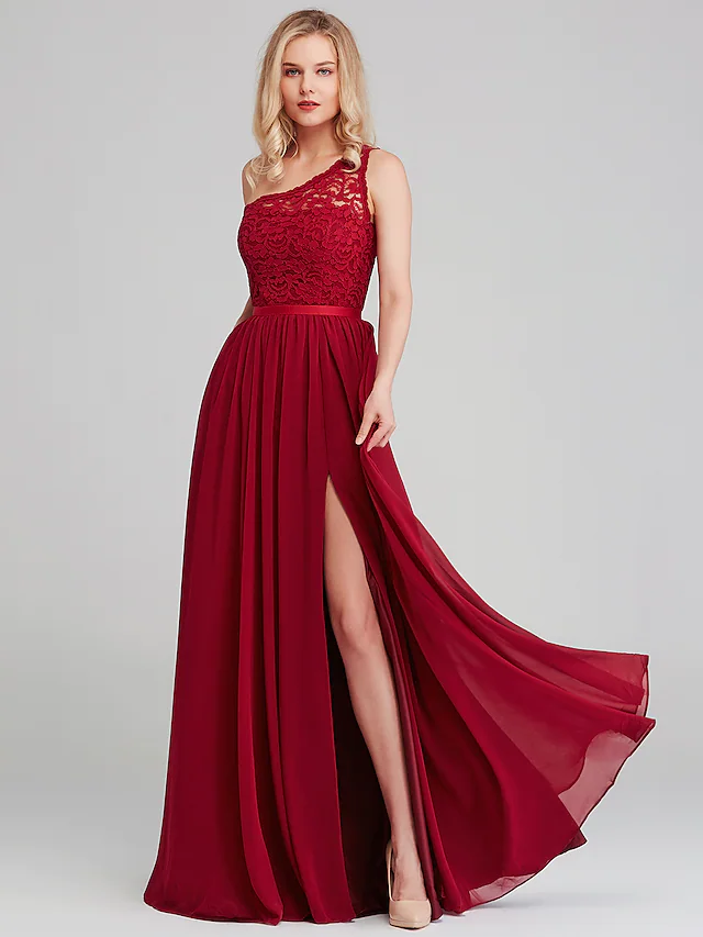 Elegant A-line one-shoulder bridesmaid dress with a sash.