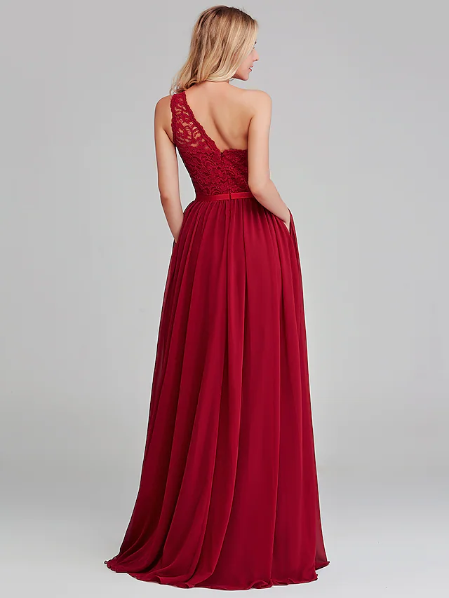 Back view of the A-line one-shoulder bridesmaid dress.