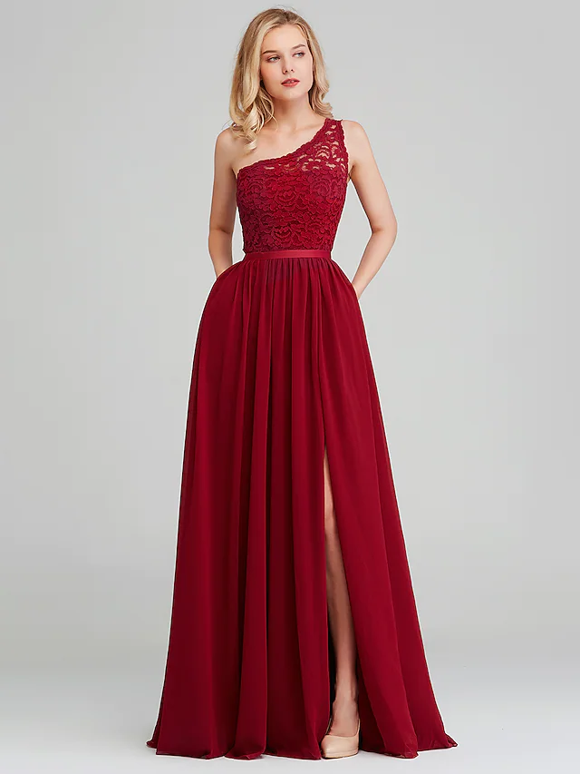 Side view of the long chiffon and lace bridesmaid dress.