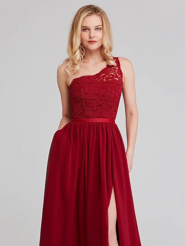 Full length view of the A-line one-shoulder dress with ribbon detail.