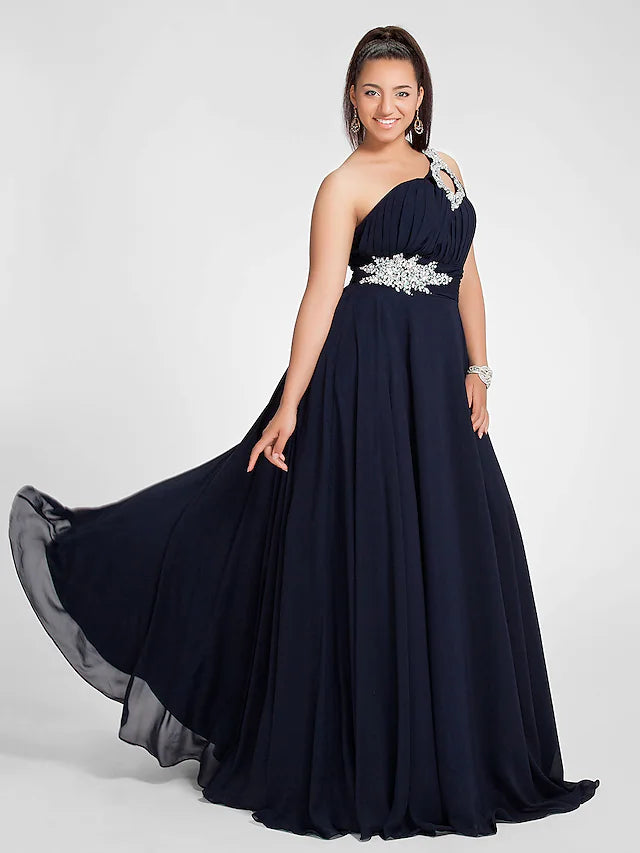 Elegant A-line one shoulder chiffon dress with ruched beading and sweep train.