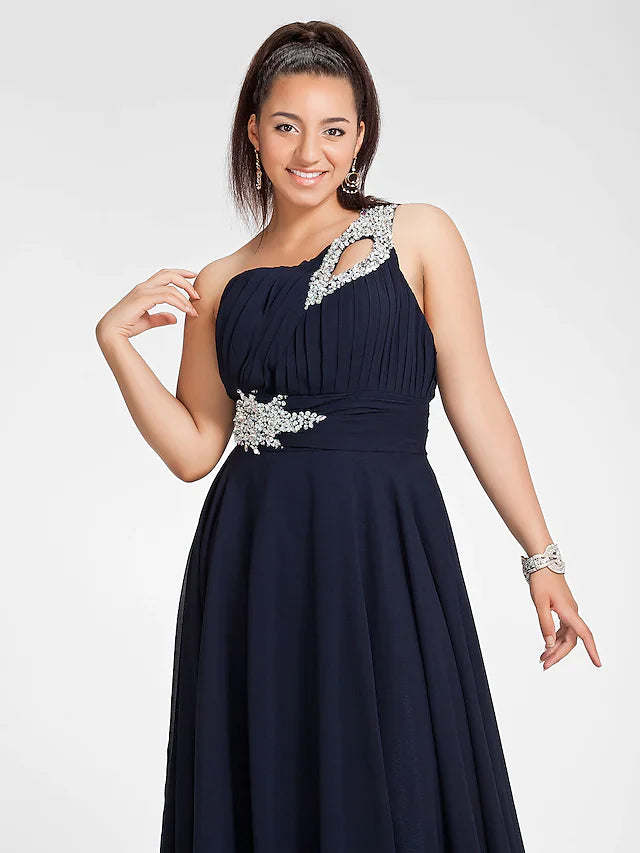 Side view of the A-line chiffon dress, highlighting the sweep train.