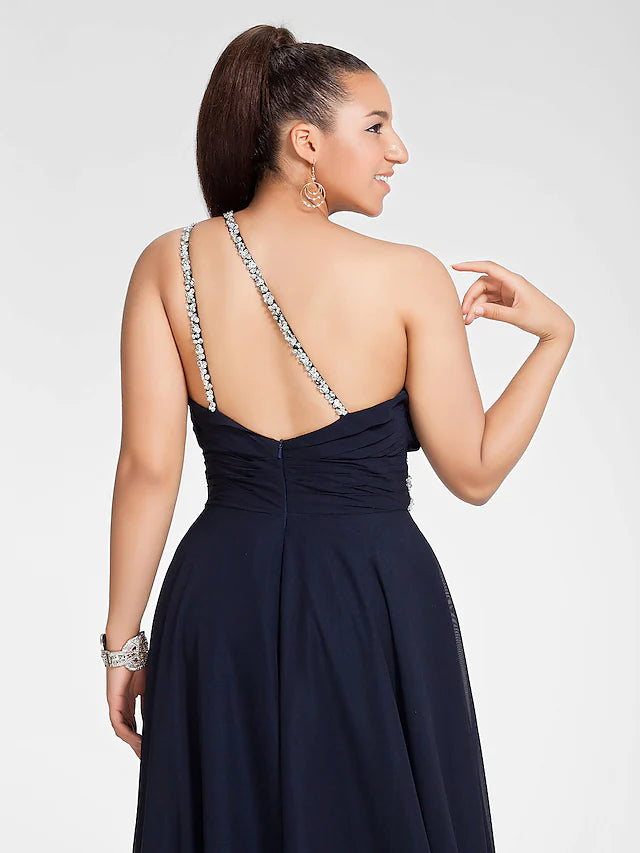 Full length view of the sophisticated A-line one shoulder dress.
