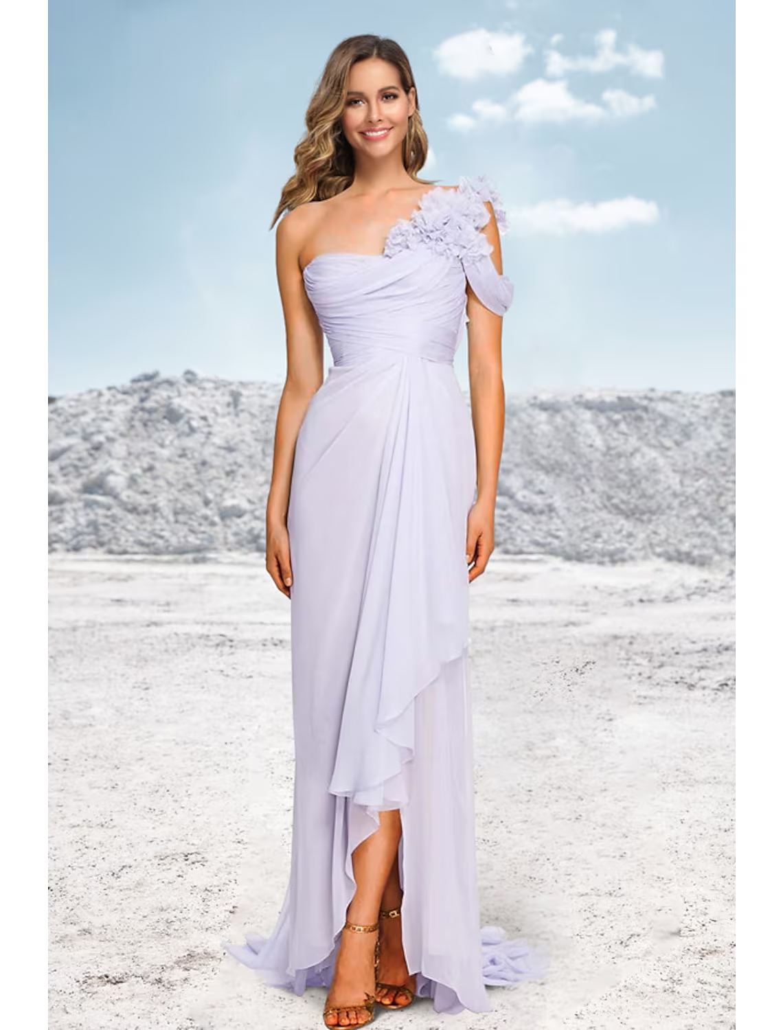 Elegant A-Line one-shoulder floral chiffon evening gown on a model.