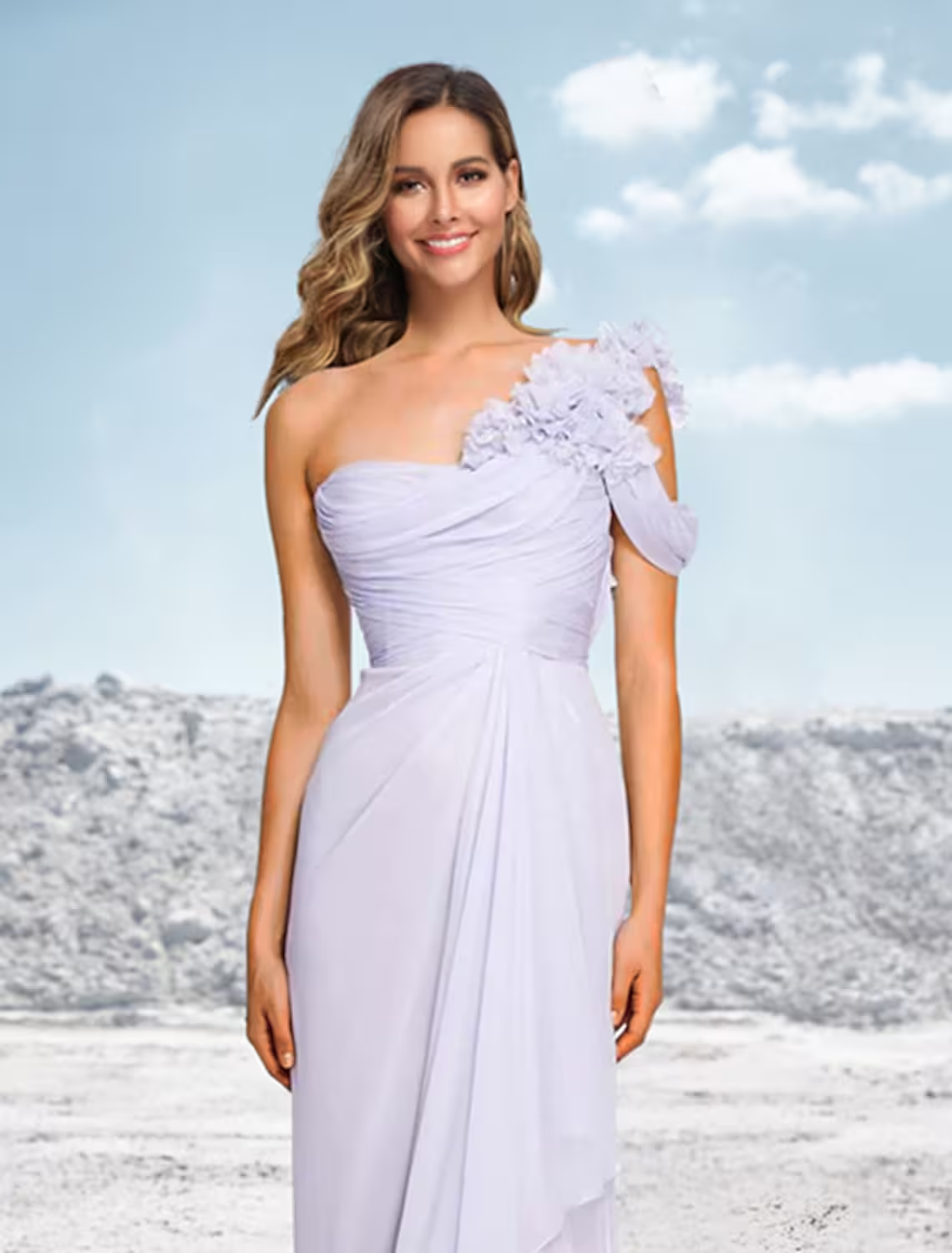 Back view of the A-Line one-shoulder evening gown, showcasing ruched ruffles.