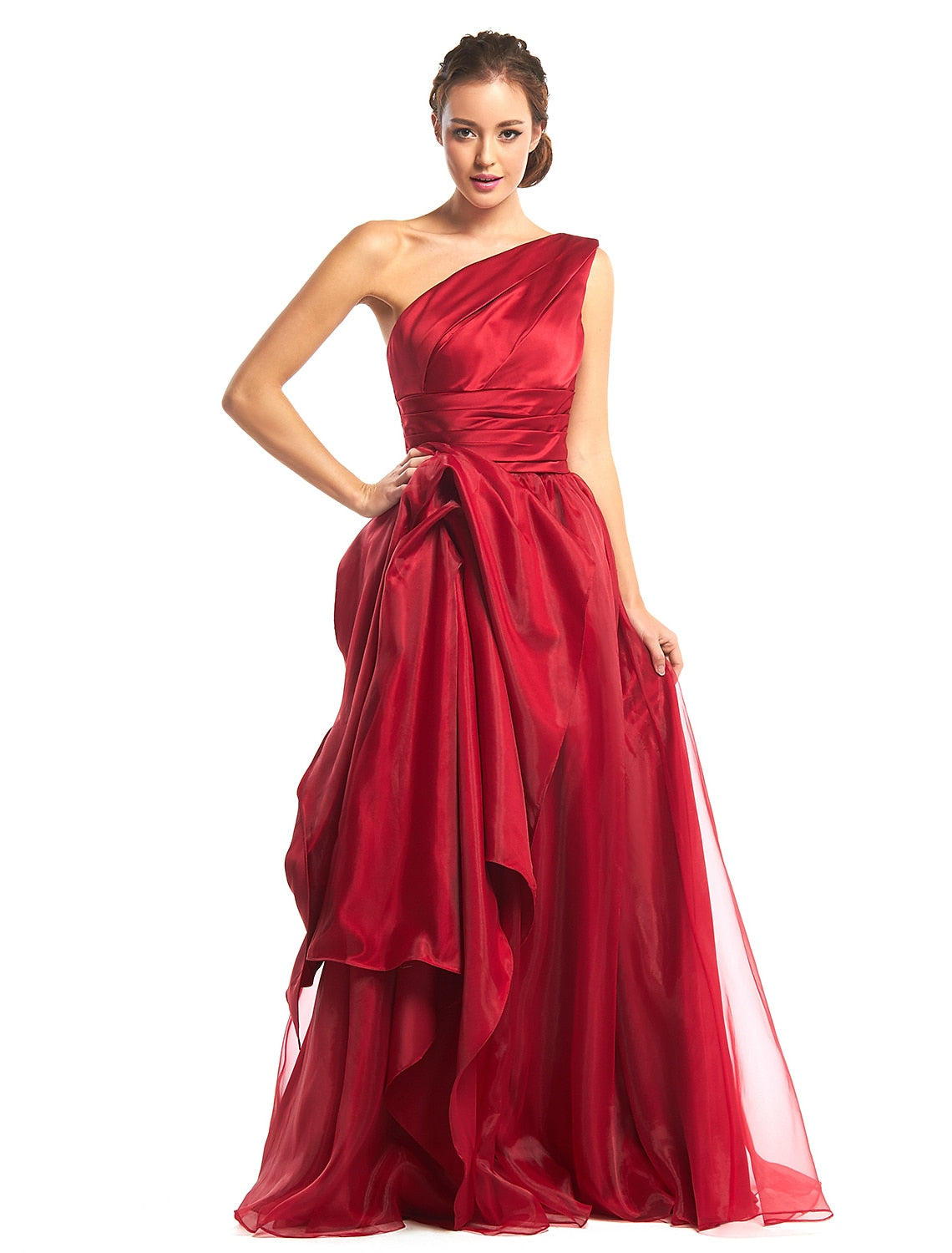 Elegant A-line one-shoulder formal evening dress with side draping.