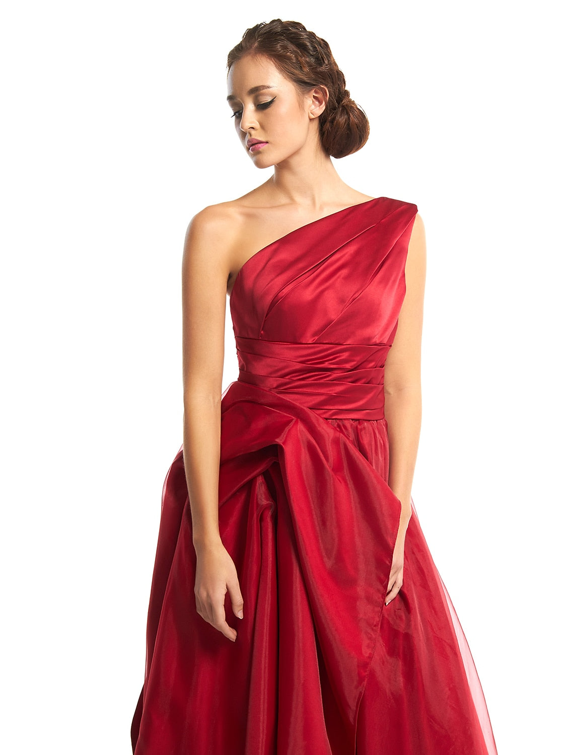 Back view of the floor-length one-shoulder prom gown.
