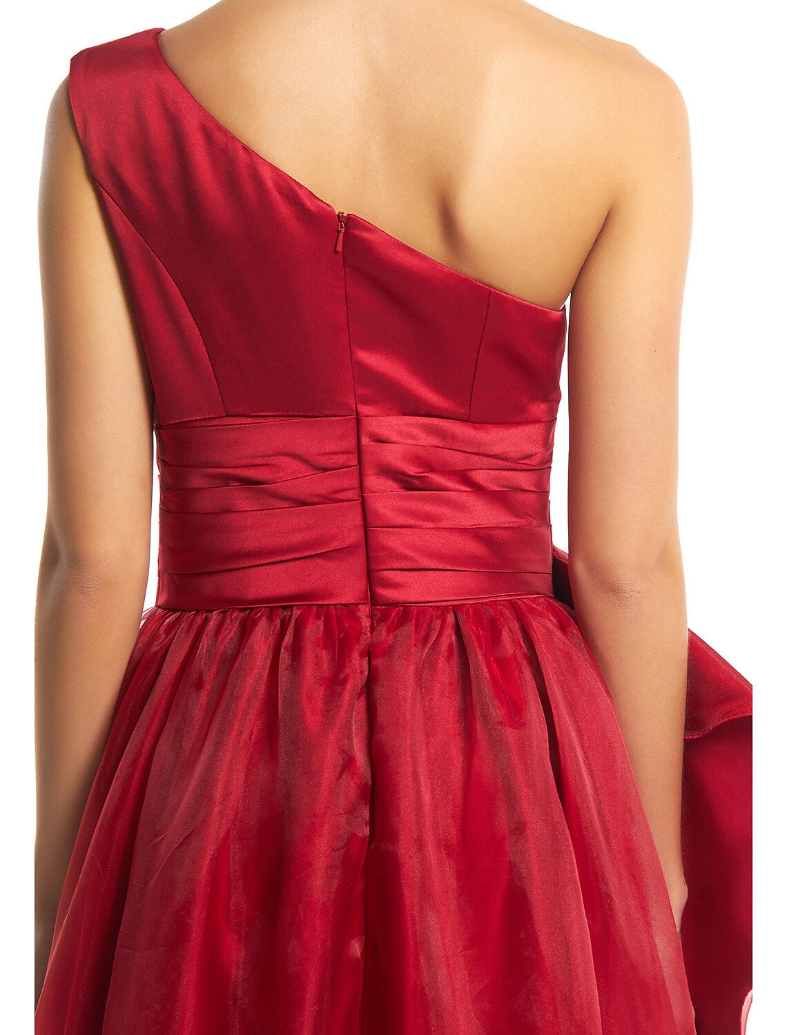 Close-up of the organza fabric and side draping on the formal dress.