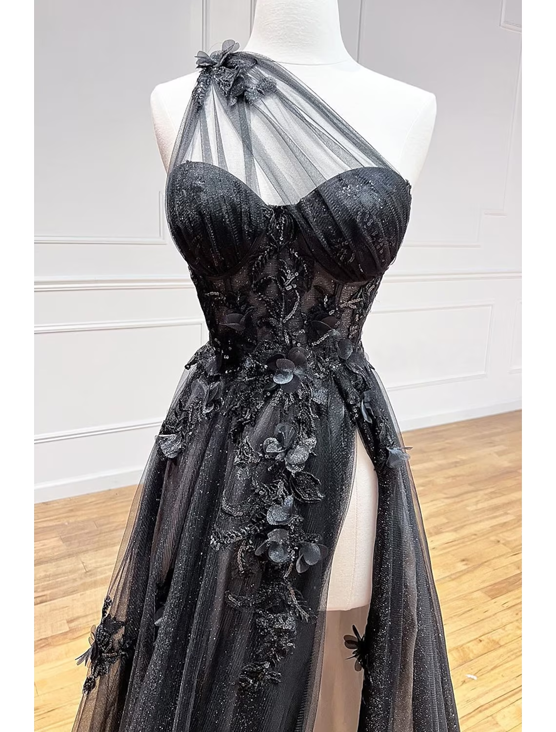 Side view of the A-Line color block formal dress, highlighting its silhouette and train.