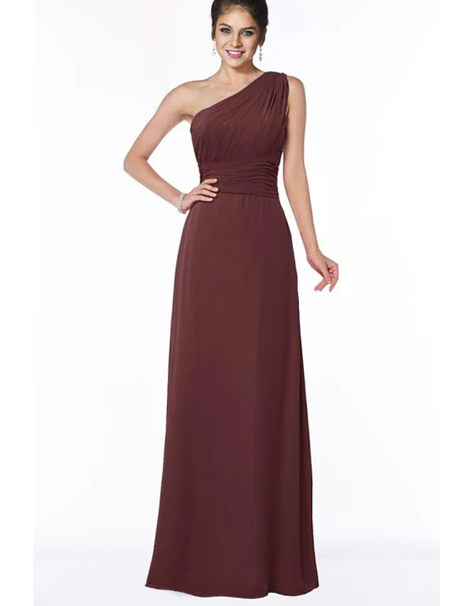 Elegant A-Line one-shoulder chiffon bridesmaid dress with ruching.