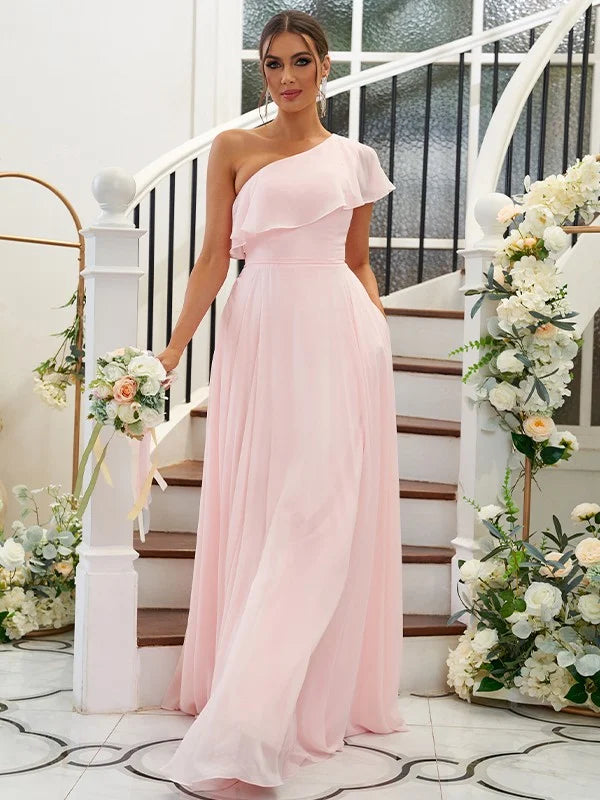 Elegant A-Line one-shoulder chiffon bridesmaid dress with ruffles.