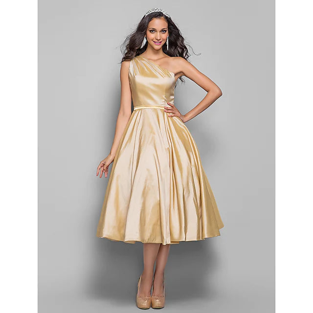Elegant A-line one-shoulder taffeta tea-length dress, front view.
