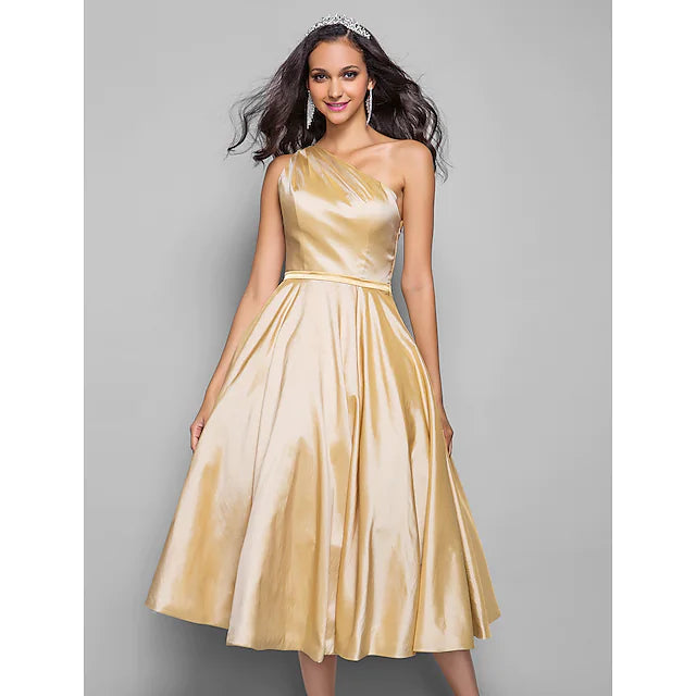 Side profile of the elegant tea-length taffeta dress.