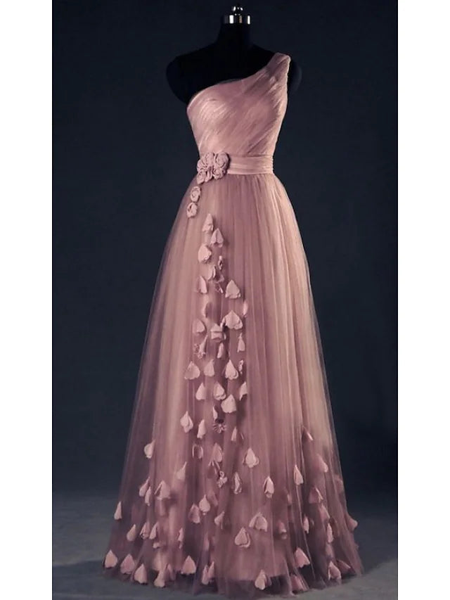 Elegant A-Line one-shoulder floor-length tulle dress with intricate appliques.