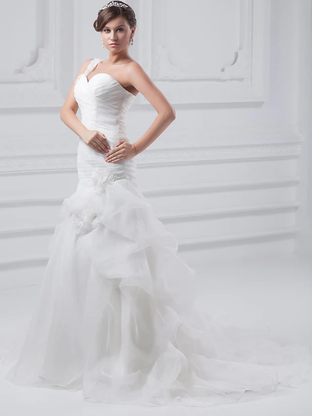Back view of A-Line wedding dress showing court train and delicate appliques.