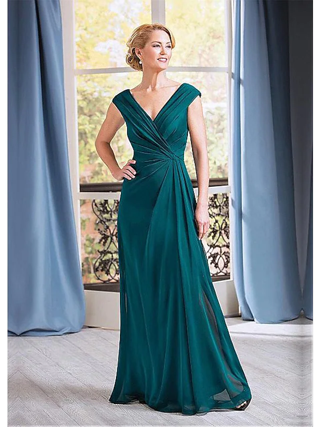Elegant A-Line Mother of the Bride dress with plunging neckline and ruched bodice.