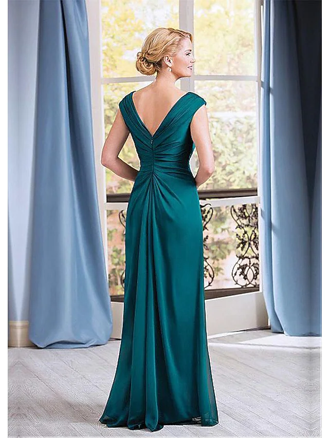 Full view of a floor-length chiffon Mother of the Bride gown.