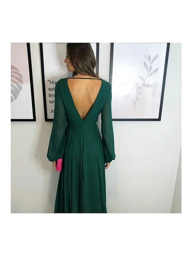 Back view of the floor-length A-line bridesmaid dress, showcasing the chiffon fabric and silhouette.