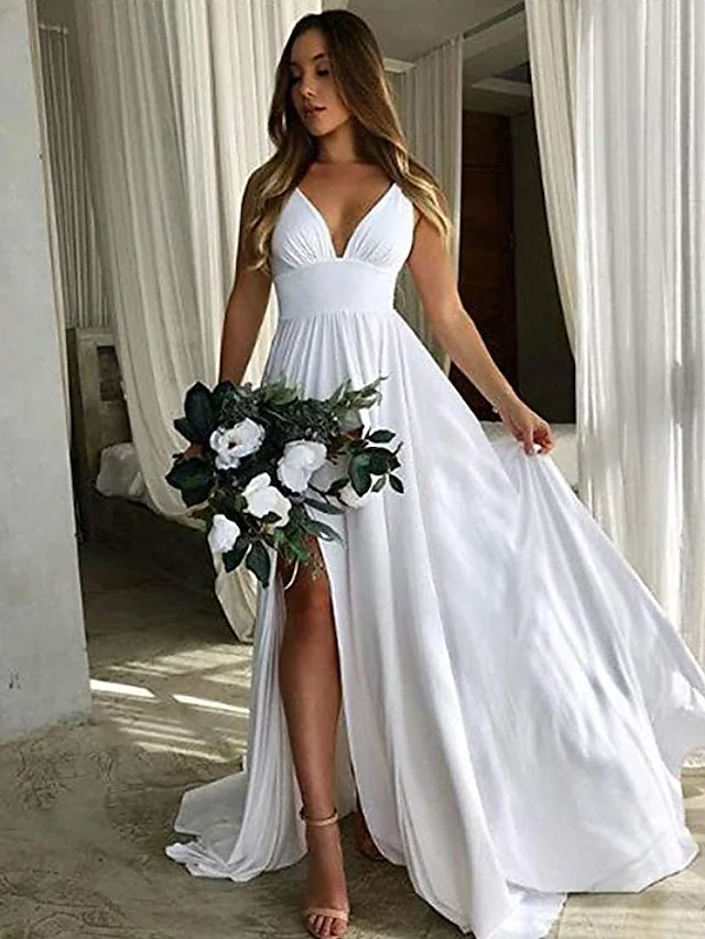 Elegant A-Line chiffon bridesmaid dress with a plunging neckline and pleated details.