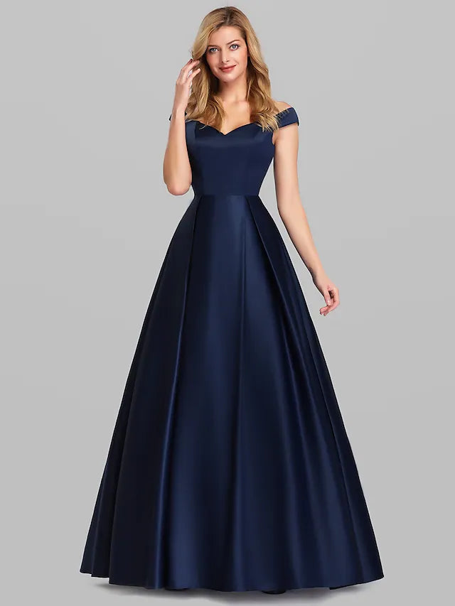 Elegant A-line evening gown with plunging neckline and ruched details.