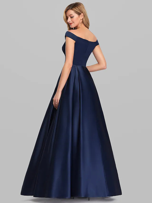 Back view of a floor-length charmeuse A-line dress.
