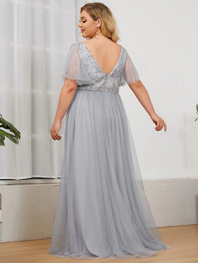 Back view of A-Line Plunging Neck Sequined Tulle Plus Size Bridesmaid Dress.