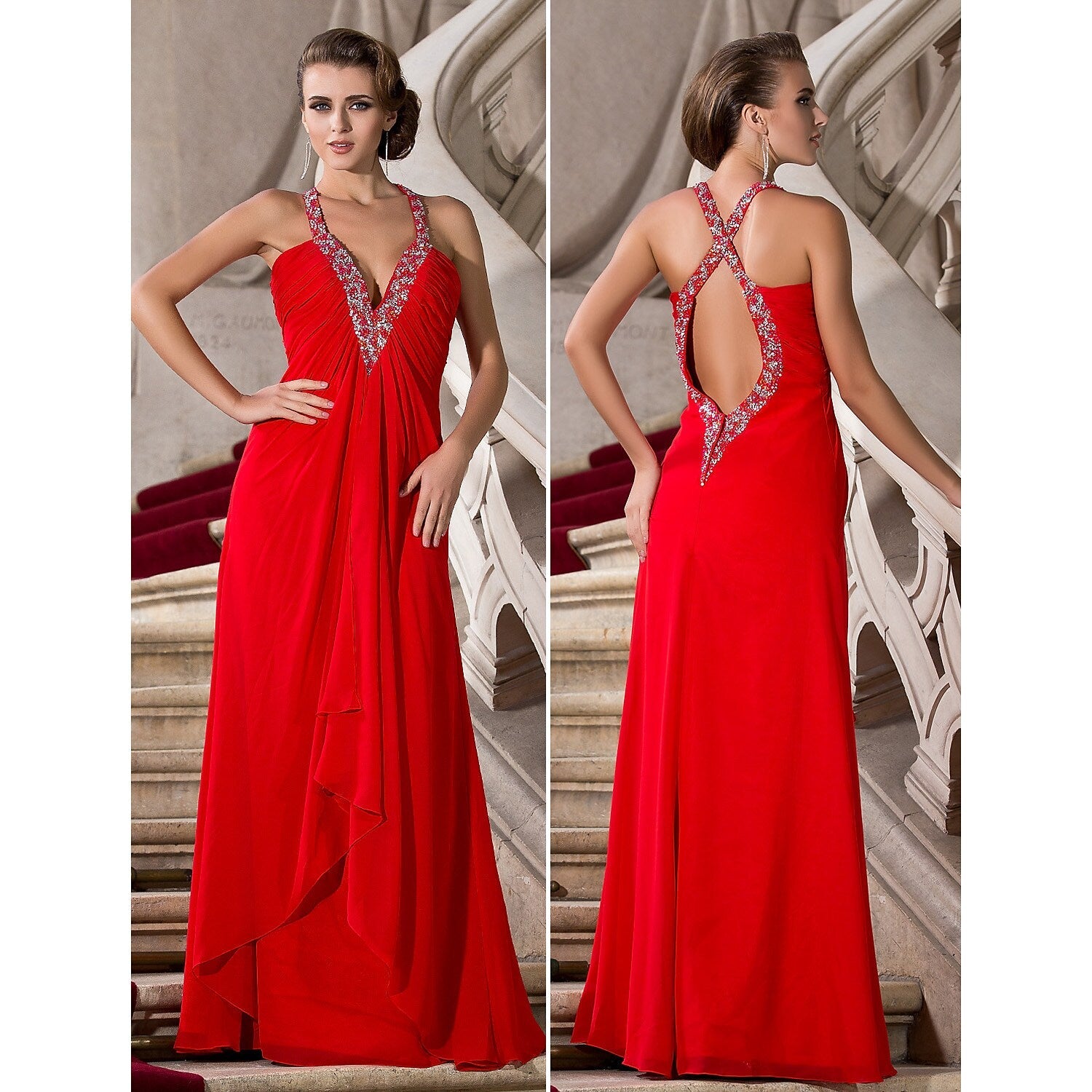 Side view of a woman wearing a floor-length A-line gown.