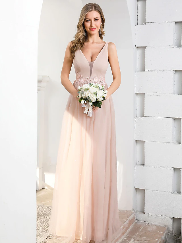 Close-up of appliques on tulle bridesmaid dress.
