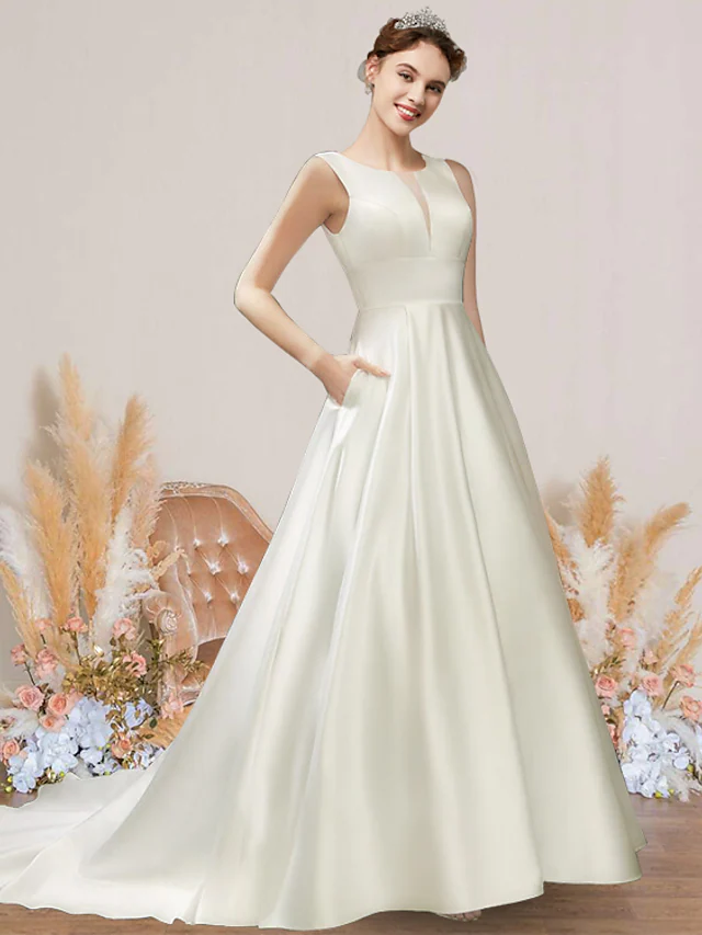Elegant A-line satin wedding dress with a jewel neck, short sleeves, and delicate pleats.