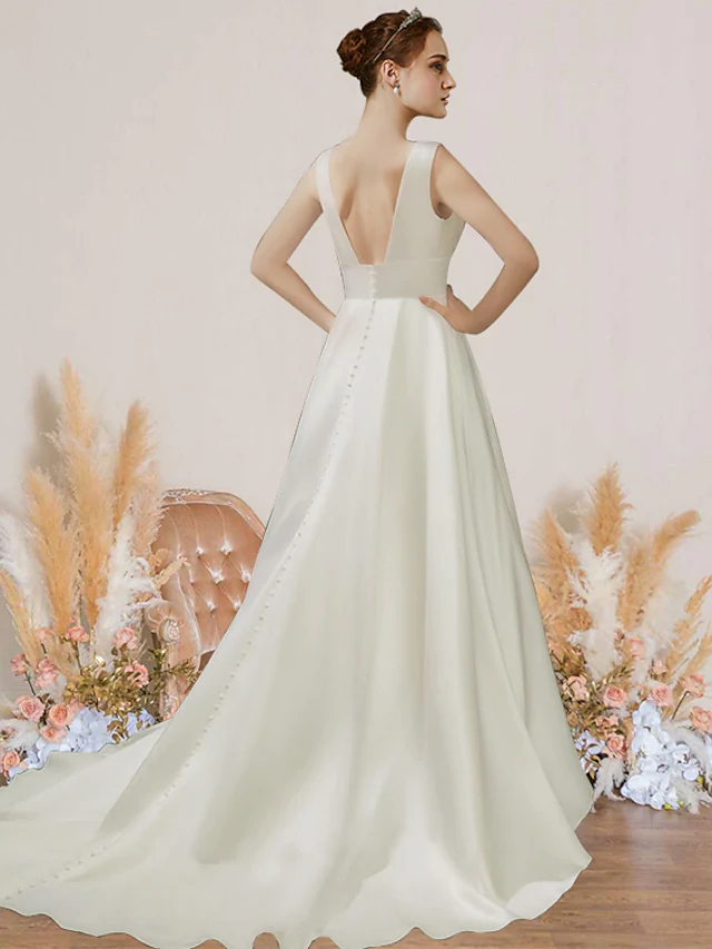 Back view of the A-line satin wedding dress, showcasing the graceful court train.