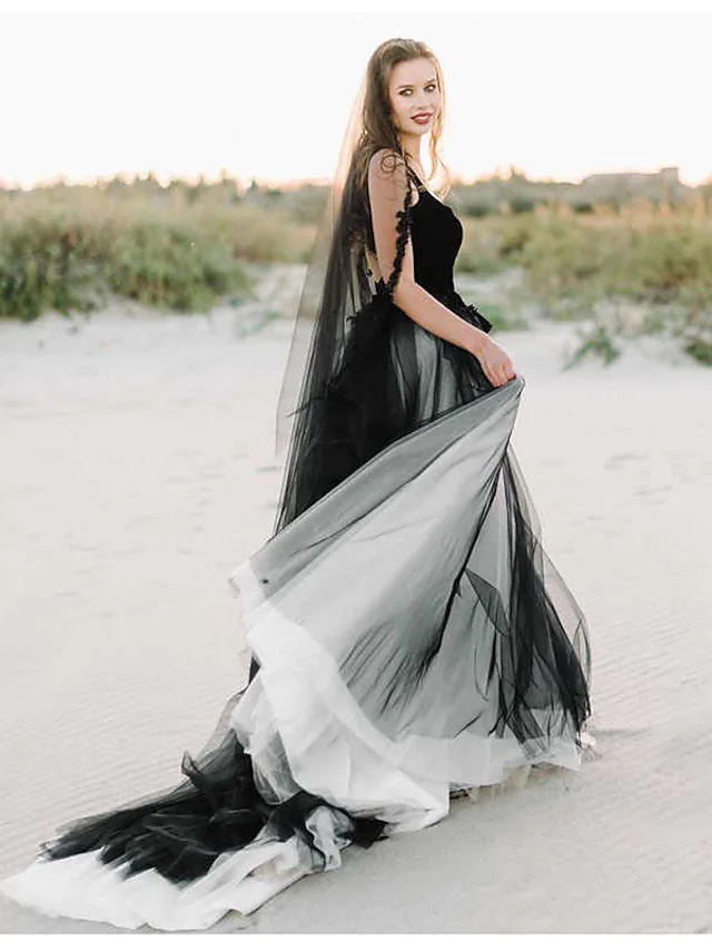 Back view of black A-Line wedding dress, showing court train and lace details.