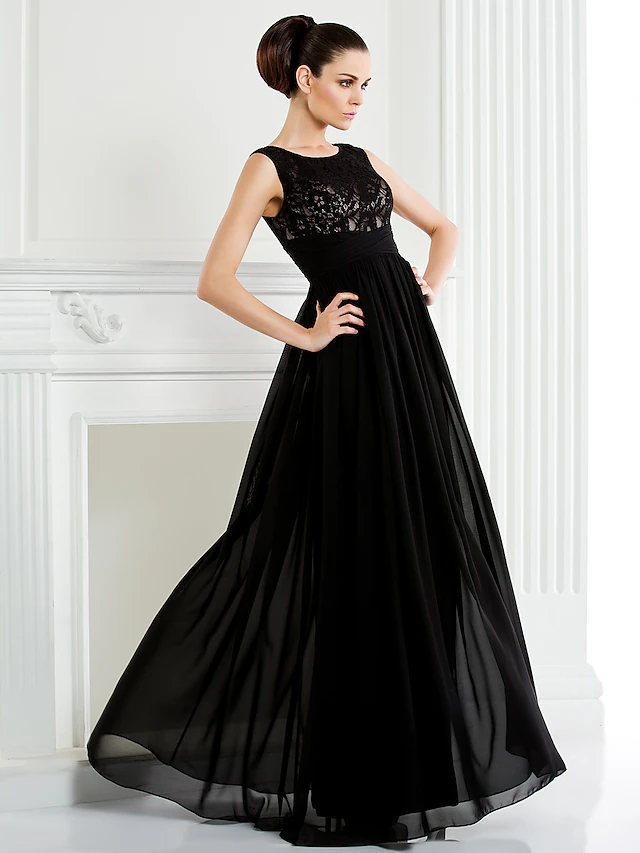 Side view of a sleeveless A-line formal dress.