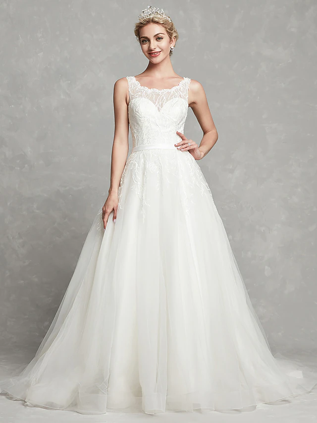 Elegant A-line wedding dress with scoop neck, lace, and chapel train.