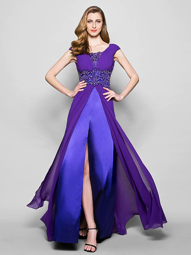Elegant A-Line Mother of the Bride dress with scoop neck and embellished bodice.