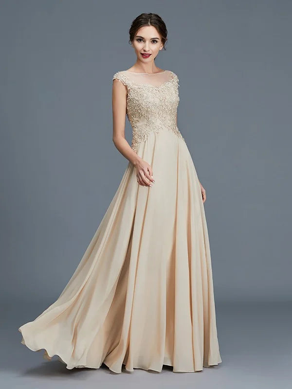 Elegant A-Line Mother of the Bride dress with scoop neckline and ruffles.