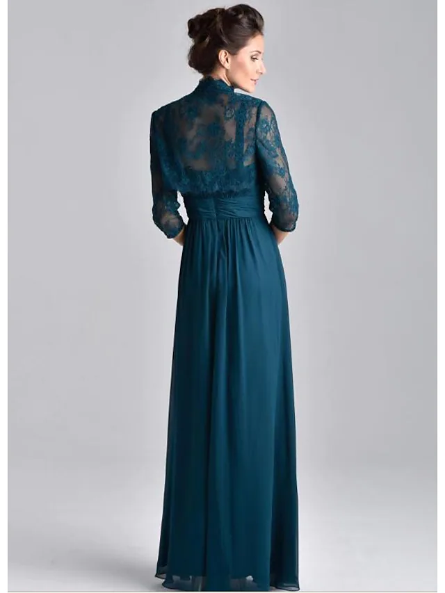 Close-up of the embroidered lace detail on the chiffon Mother of the Bride dress.