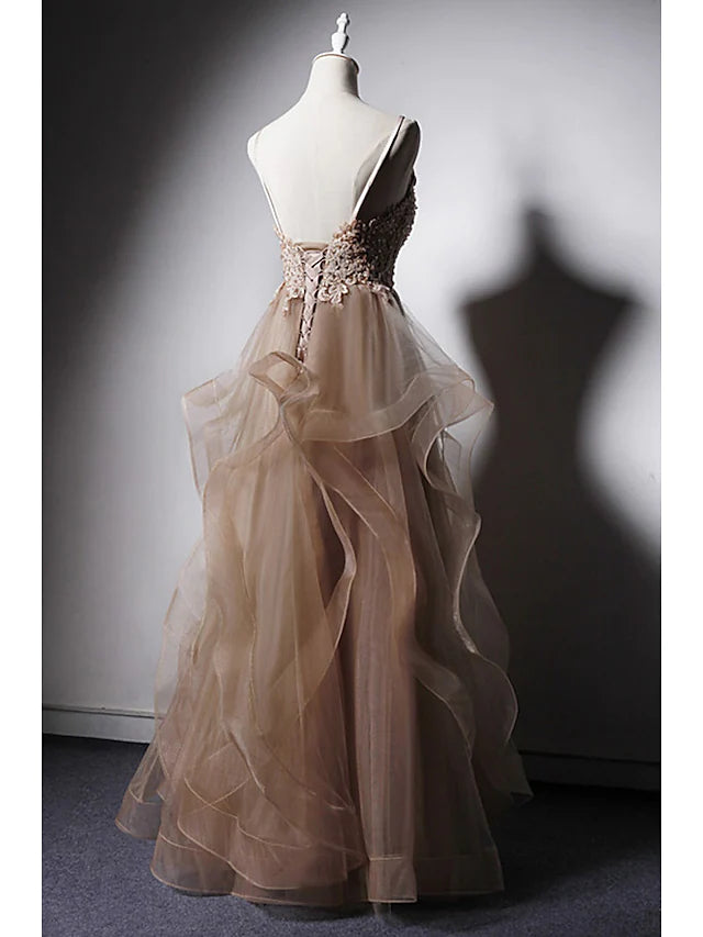 Back view of a floor-length A-line formal gown.