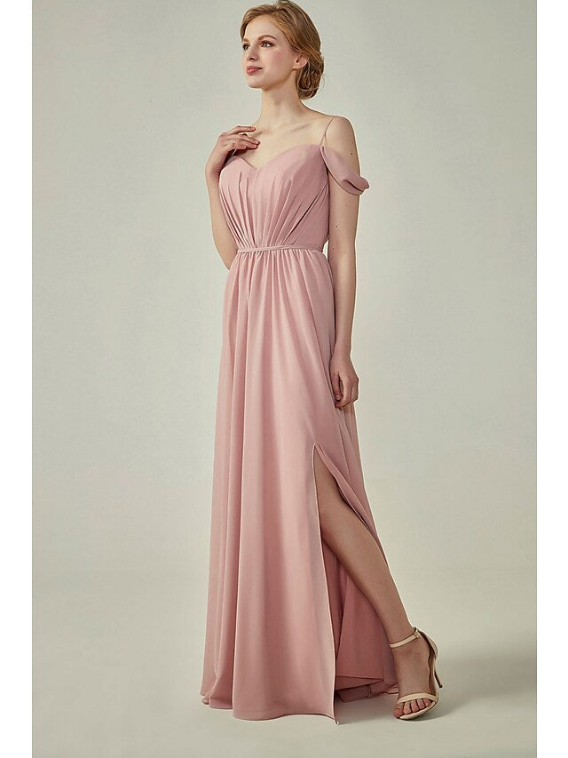 Back view of a floor-length A-line bridesmaid dress with a flowing sash.