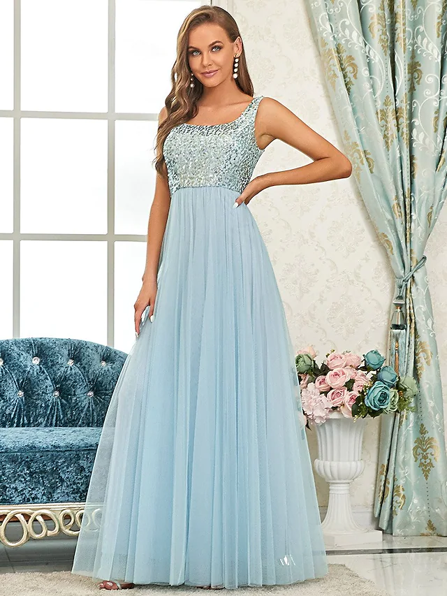 Back view of the floor-length A-line sequined bridesmaid gown.