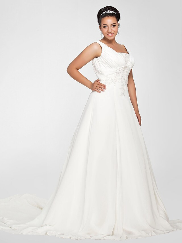 Elegant A-line chiffon wedding dress with square neck and chapel train.