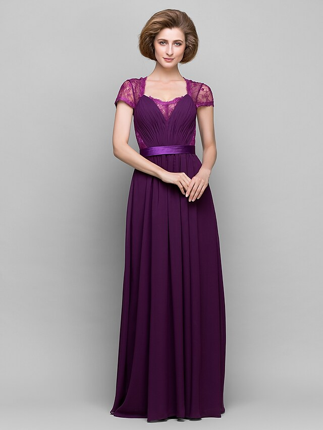 A-Line Mother of the Bride dress with square neck and short lace sleeves.