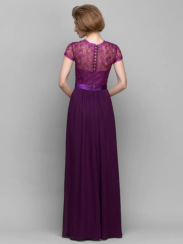 Full view of the A-Line chiffon and lace gown.