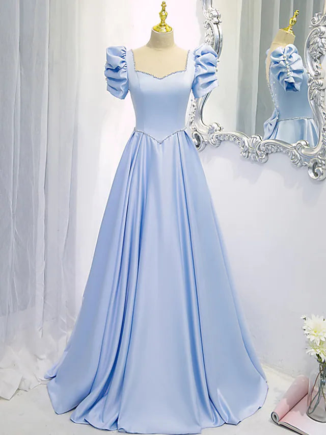 Elegant A-Line bridesmaid dress with square neckline and short sleeves.