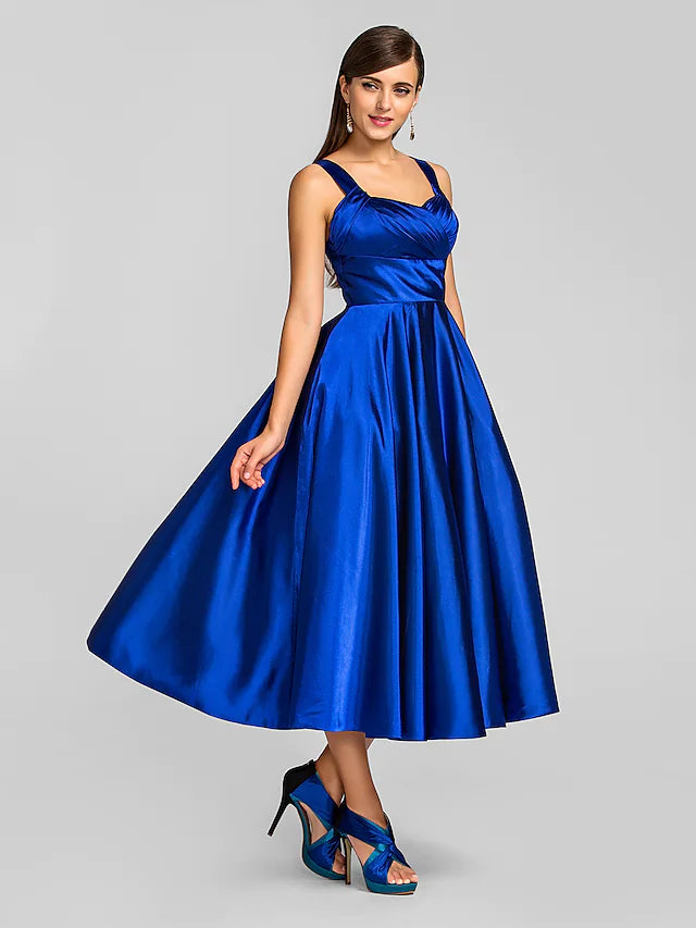 Side view of the stretch satin A-line dress, perfect for wedding guests.
