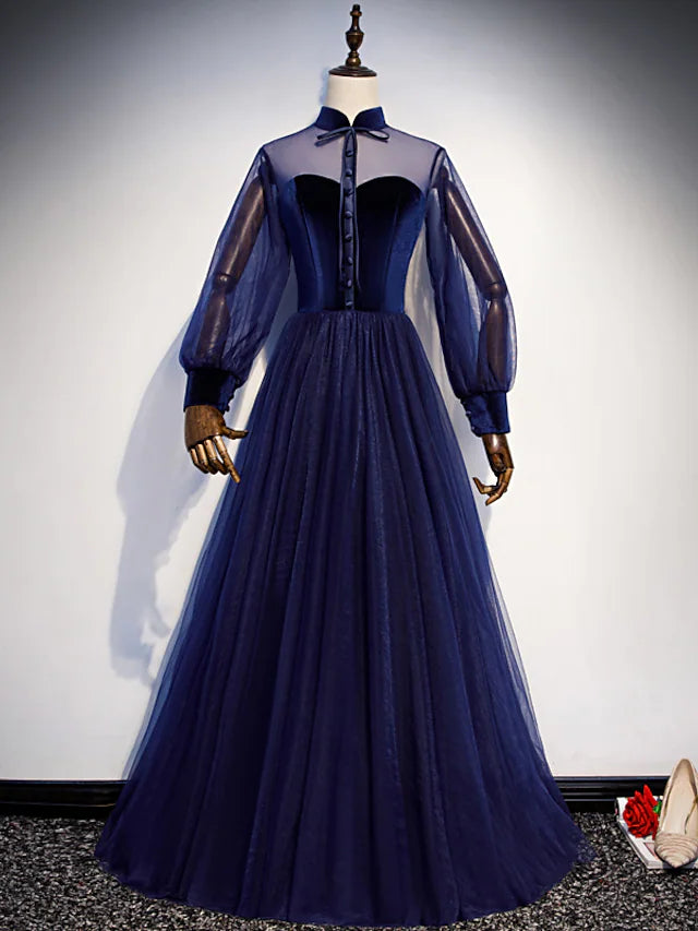 Elegant A-Line prom dress with stand collar and long sleeves.