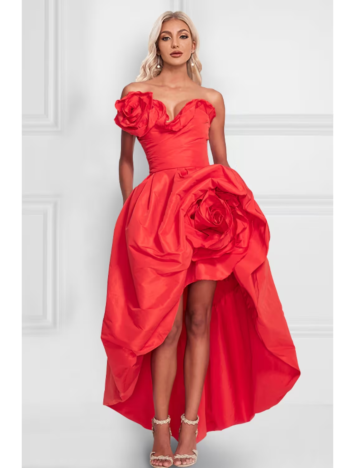 Elegant A-line strapless satin cocktail dress with an asymmetrical neckline and shoulder flower.