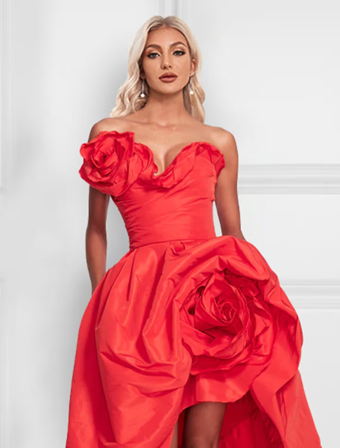 Side view of the A-line satin dress, highlighting its flowing silhouette.