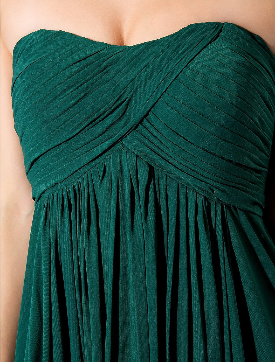 Back view of the A-line strapless chiffon dress, showing the sweep train and minimalist design.