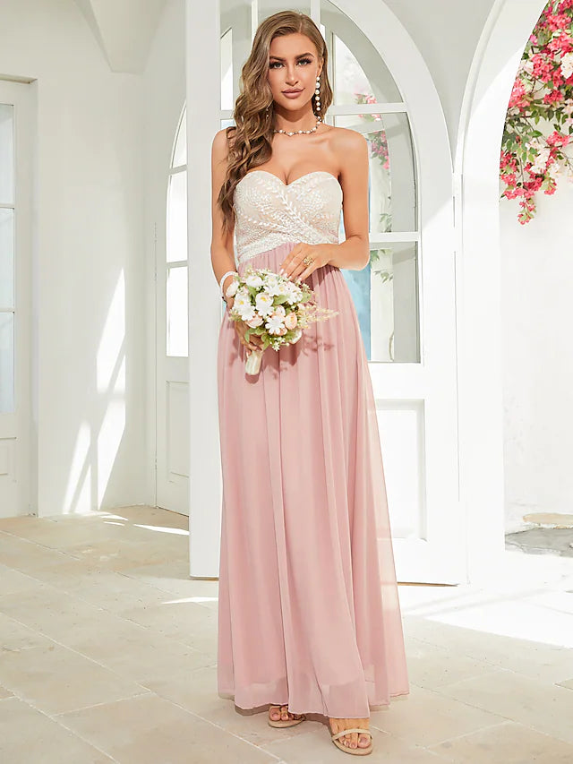 Elegant A-line strapless floral applique chiffon dress for wedding guests.